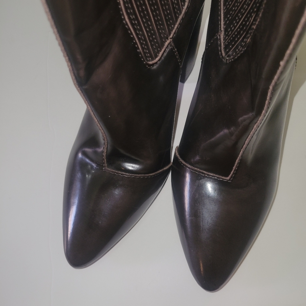 Pour La Victoire Chocolate Brown Patent Leather Boots Minimalist Western Cowboy - Picture 3 of 7